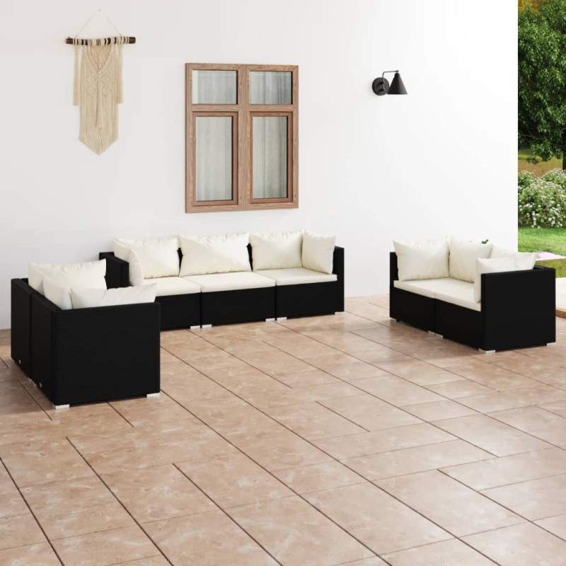 7 pcs conjunto lounge de jardim c/ almofadões vime PE preto-Conjuntos de jardim-Home Retail