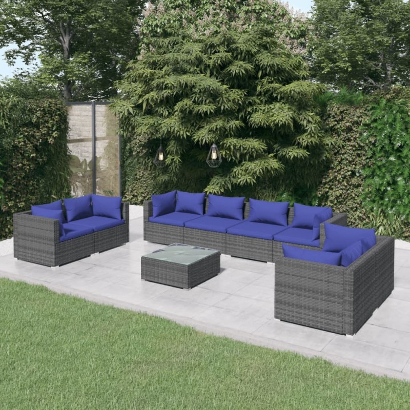 9 pcs conjunto lounge de jardim c/ almofadões vime PE cinzento-Conjuntos de jardim-Home Retail