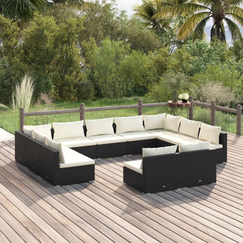 11 pcs conjunto lounge de jardim c/ almofadões vime PE preto-Conjuntos de jardim-Home Retail