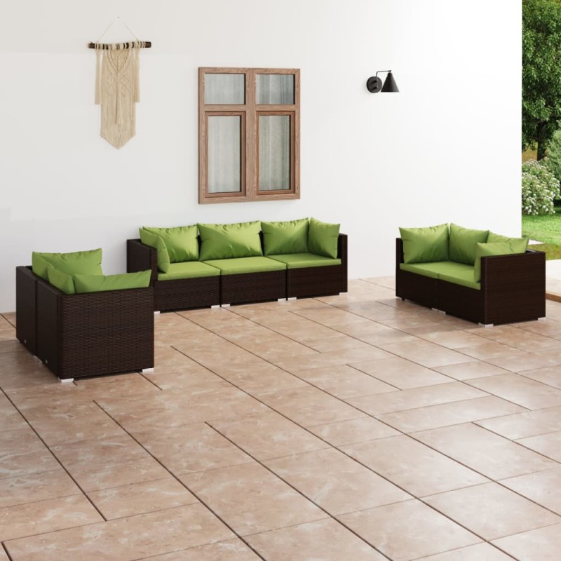 7 pcs conjunto lounge de jardim c/ almofadões vime PE castanho-Conjuntos de jardim-Home Retail