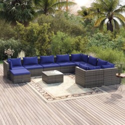 11 pcs conjunto lounge de jardim c/ almofadões vime PE cinzento