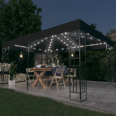 Gazebo com toldo duplo e cordões de luzes LED 3x4 m antracite