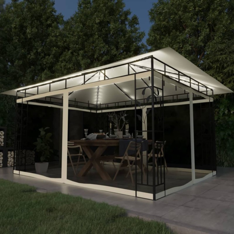 Gazebo c/ mosquiteiro e cordões luzes LED 4x3x2,73m creme-Toldos e gazebos-Home Retail