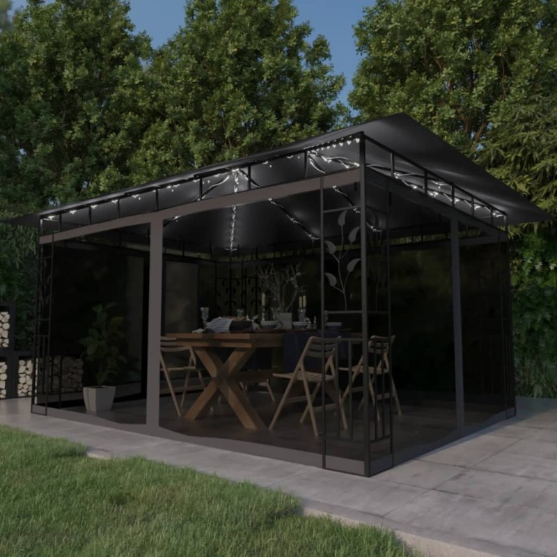 Gazebo c/ mosquiteiro e cordões luzes LED 4x3x2,73m antracite-Toldos e gazebos-Home Retail