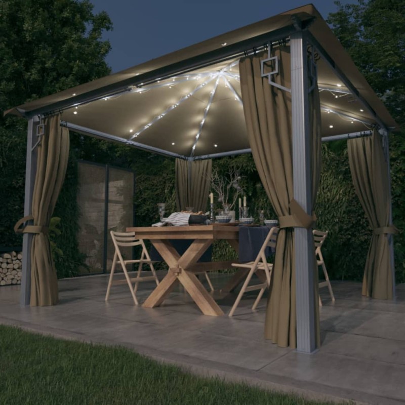 Gazebo c/ cortinas e cordões luzes LED 3x3 m alumínio cinza-ac.-Toldos e gazebos-Home Retail