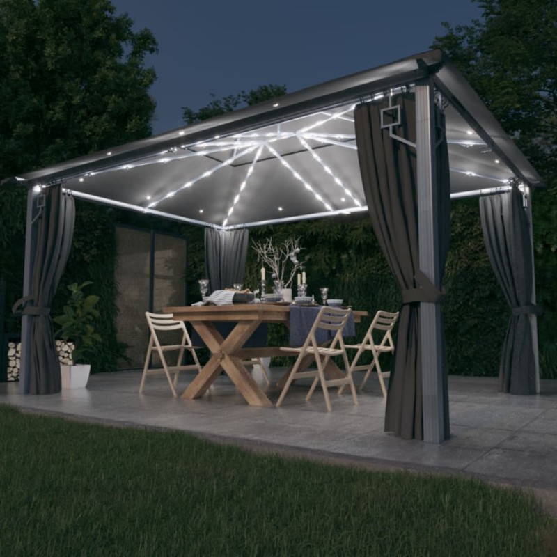 Gazebo c/ cortinas e cordões luzes LED 4x3 m alumínio antracite-Toldos e gazebos-Home Retail