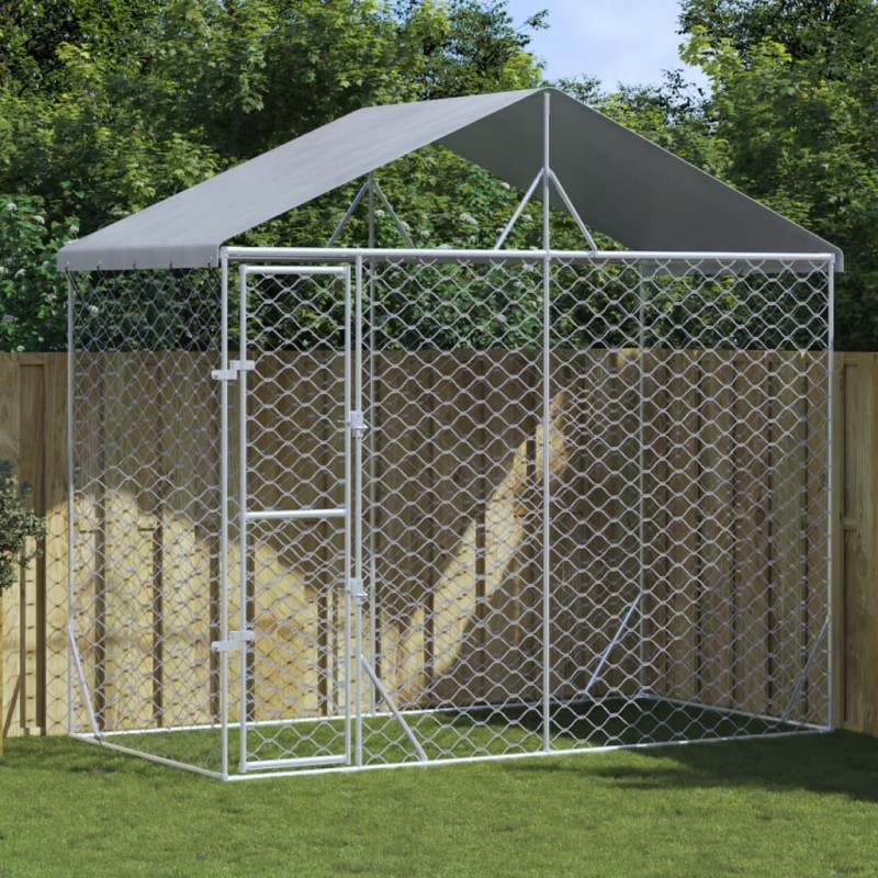 Canil de exterior com teto 3x1,5x2,5 m aço galvanizado prateado-Canis-Home Retail