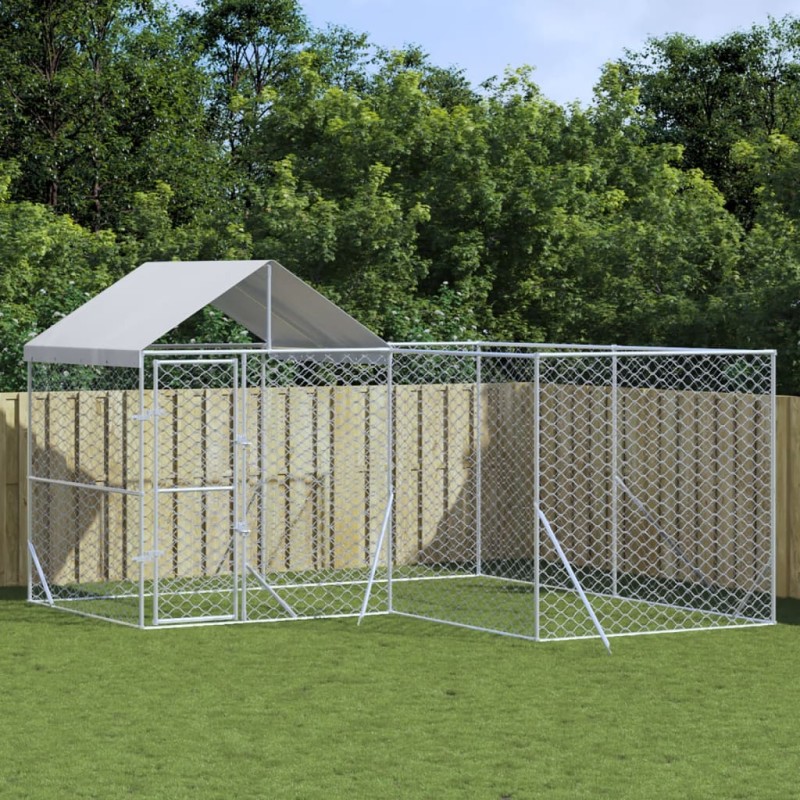 Canil de exterior com teto 4x4x2,5 m aço galvanizado prateado-Canis-Home Retail