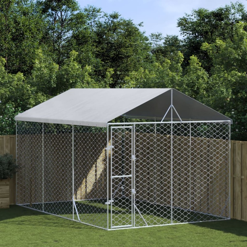 Canil de exterior com teto 3x4,5x2,5 m aço galvanizado prateado-Canis-Home Retail