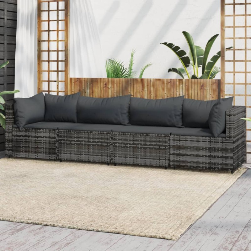 4 pcs conjunto lounge de jardim c/ almofadões vime PE cinzento-Sofás para exterior-Home Retail