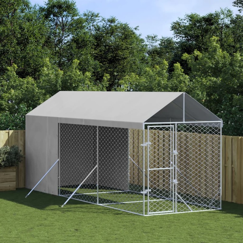 Canil de exterior com teto 2x6x2,5 m aço galvanizado prateado-Canis-Home Retail