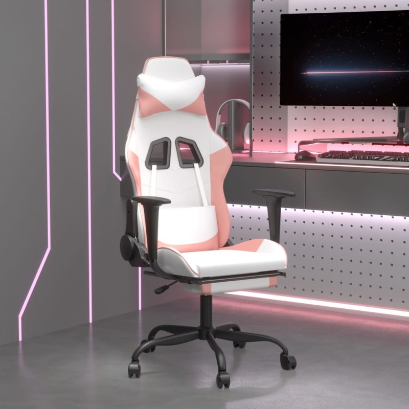 Cadeira gaming massagens c/ apoio pés couro artif. branco/rosa-Cadeiras de jogo-Home Retail