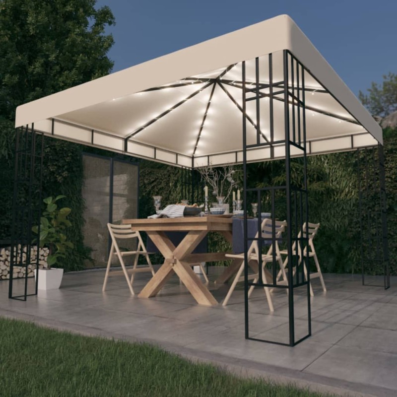 Gazebo com cordões de luzes LED 3x3 m cor creme-Toldos e gazebos-Home Retail