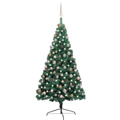 Meia árvore Natal artificial pré-iluminada c/ bolas verde