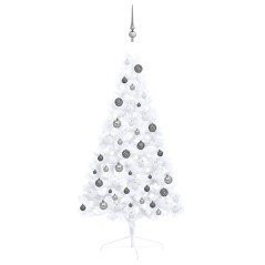 Meia árvore Natal artificial pré-iluminada c/ bolas branco