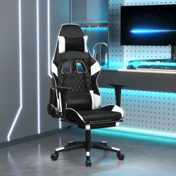 Cadeira gaming massagens c/ apoio pés couro artif. preto/branco