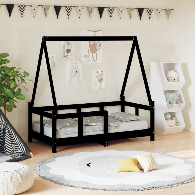 Estrutura de cama infantil 70x140 cm pinho maciço preto-Berços e camas infantis-Home Retail