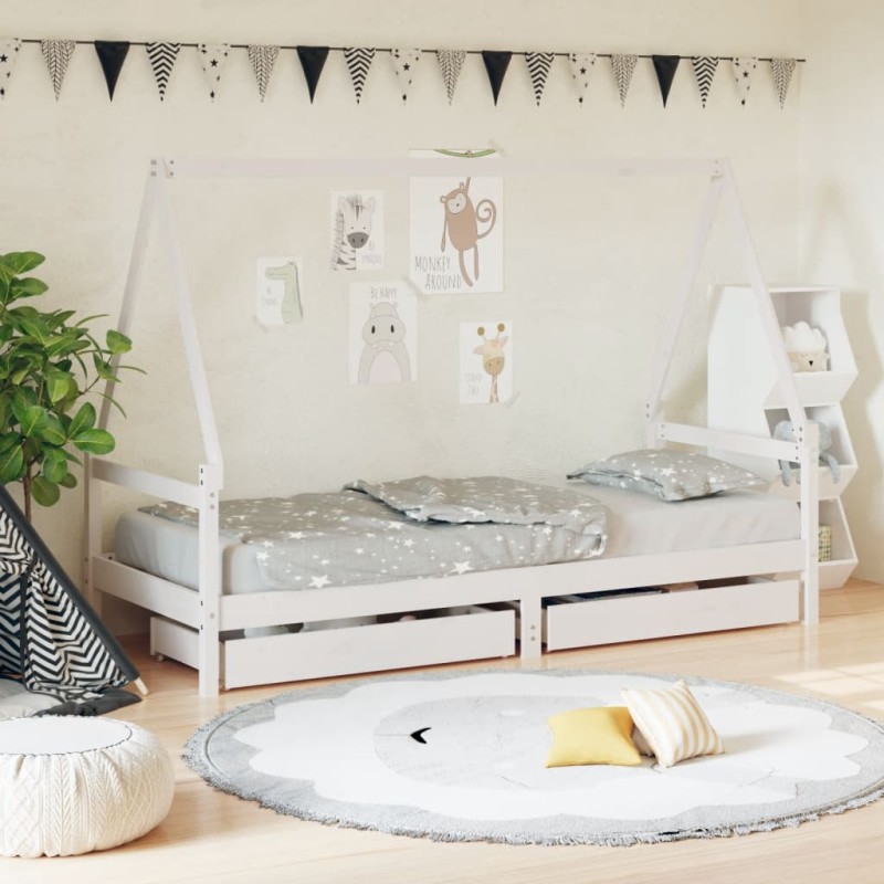 Estrutura cama infantil c/ gavetas 80x200cm pinho maciço branco-Berços e camas infantis-Home Retail