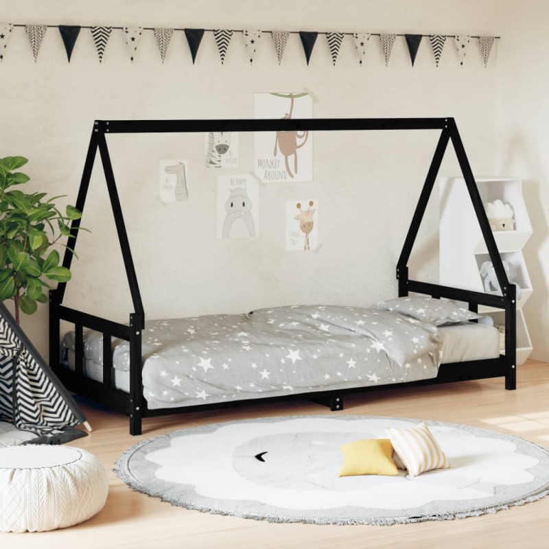 Estrutura de cama infantil 90x190 cm pinho maciço preto-Berços e camas infantis-Home Retail