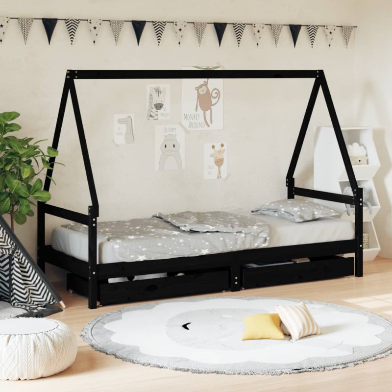 Estrutura cama infantil c/ gavetas 90x200 cm pinho maciço preto-Berços e camas infantis-Home Retail