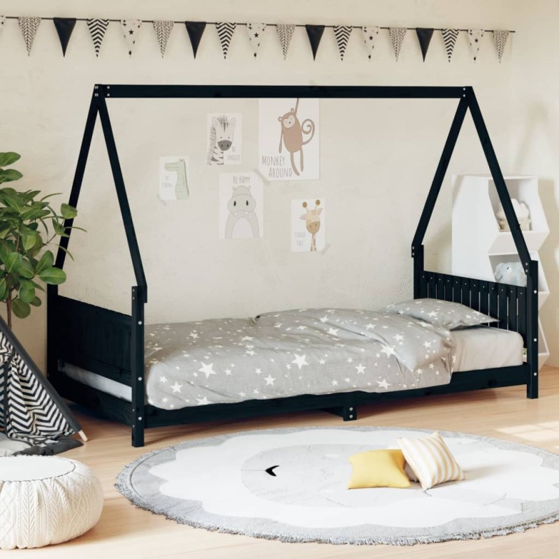 Estrutura de cama infantil 90x190 cm pinho maciço preto-Berços e camas infantis-Home Retail