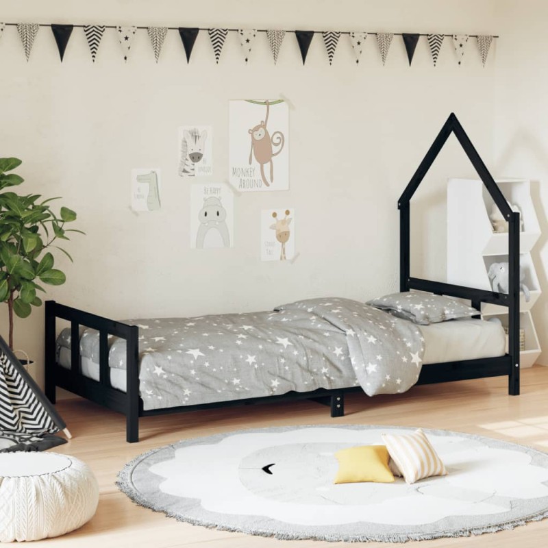 Estrutura de cama infantil 90x190 cm pinho maciço preto-Berços e camas infantis-Home Retail