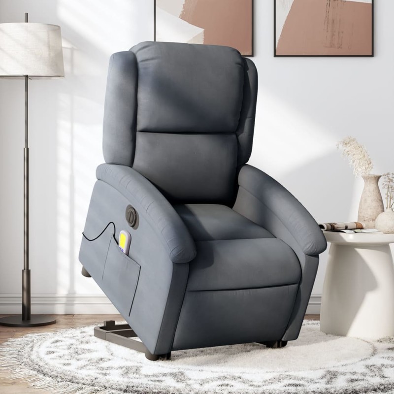 Poltrona massagens elevatória elétrica veludo cinzento-escuro-Poltronas-Home Retail