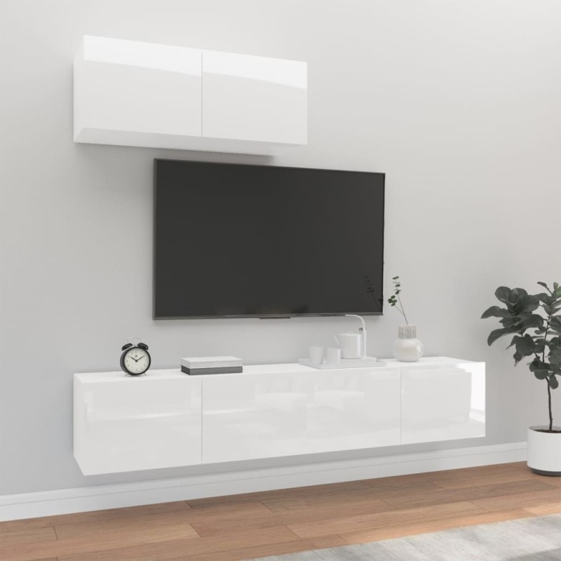 3 pcs conjunto móveis de TV madeira processada branco brilhante-Móveis de TV-Home Retail