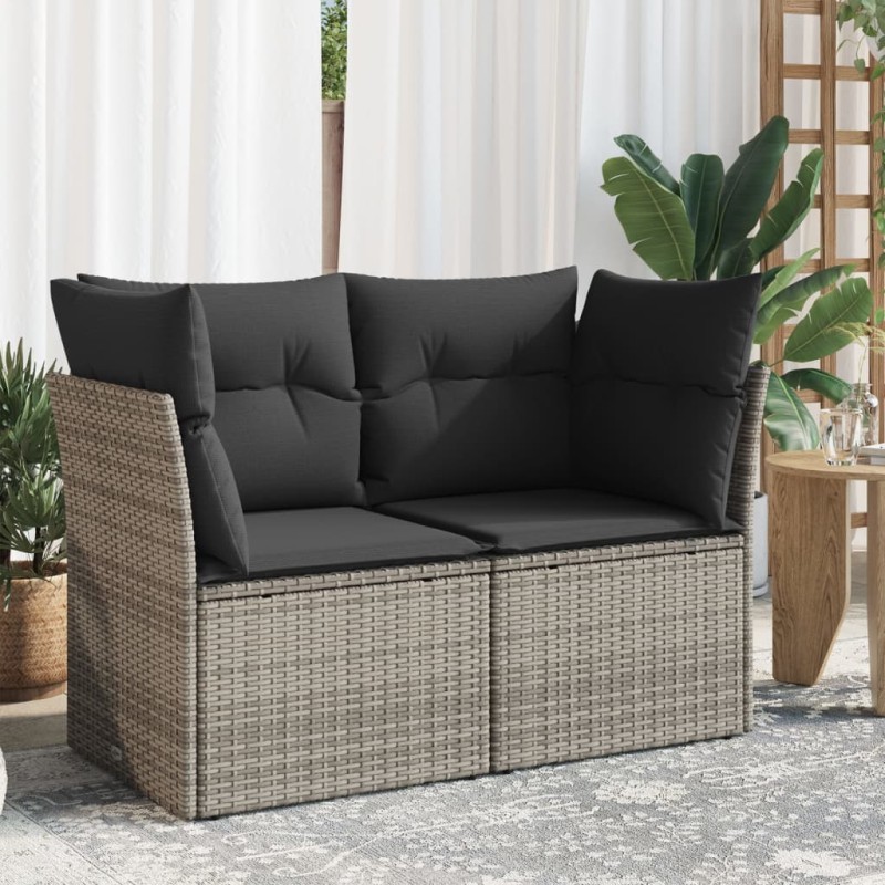 Sofá de jardim de 2 lugares com almofadões vime PE cinzento-Sofás para exterior-Home Retail