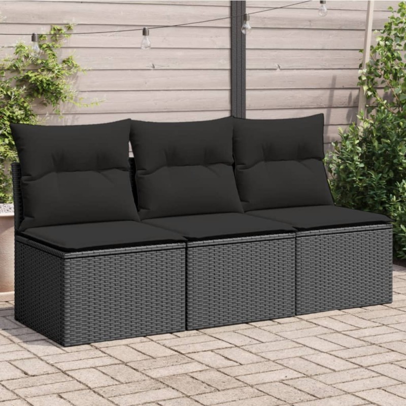 Sofá de jardim 3 lugares com almofadões vime PE preto-Sofás para exterior-Home Retail