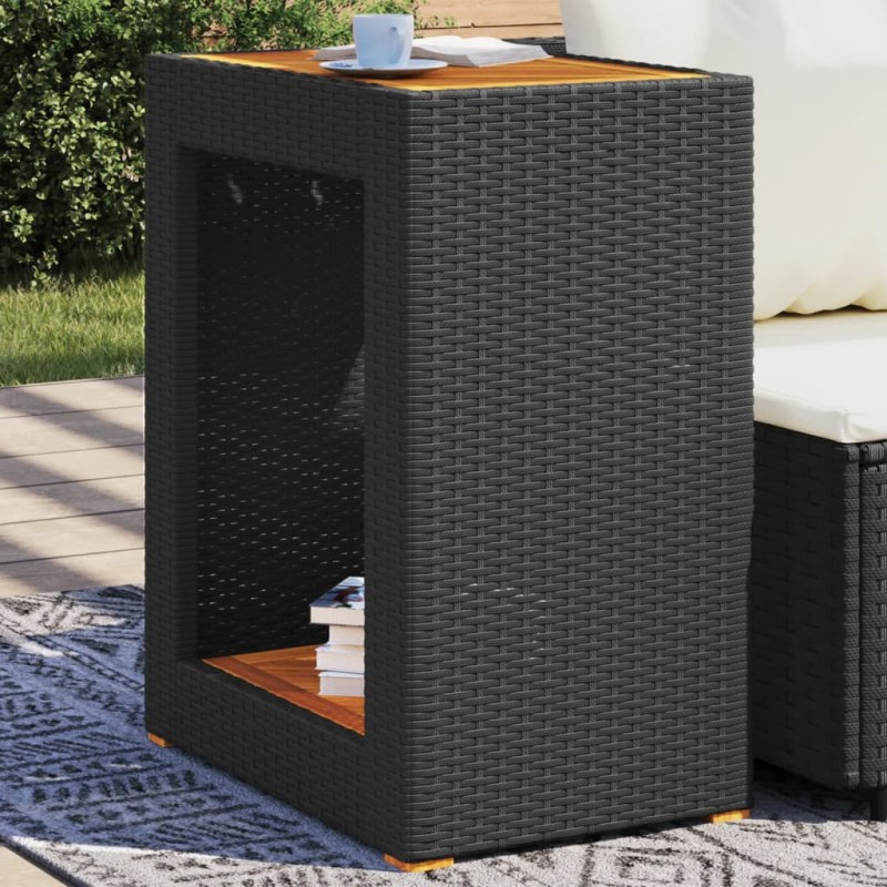 Mesa apoio jardim c/ tampo madeira 60x40x75 cm vime PE preto-Mesas de jardim-Home Retail