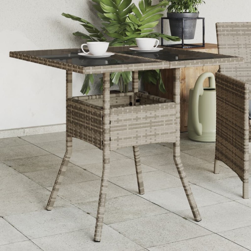 Mesa de jardim com tampo de vidro 80x80x75 cm vime PE cinzento-Mesas de jardim-Home Retail