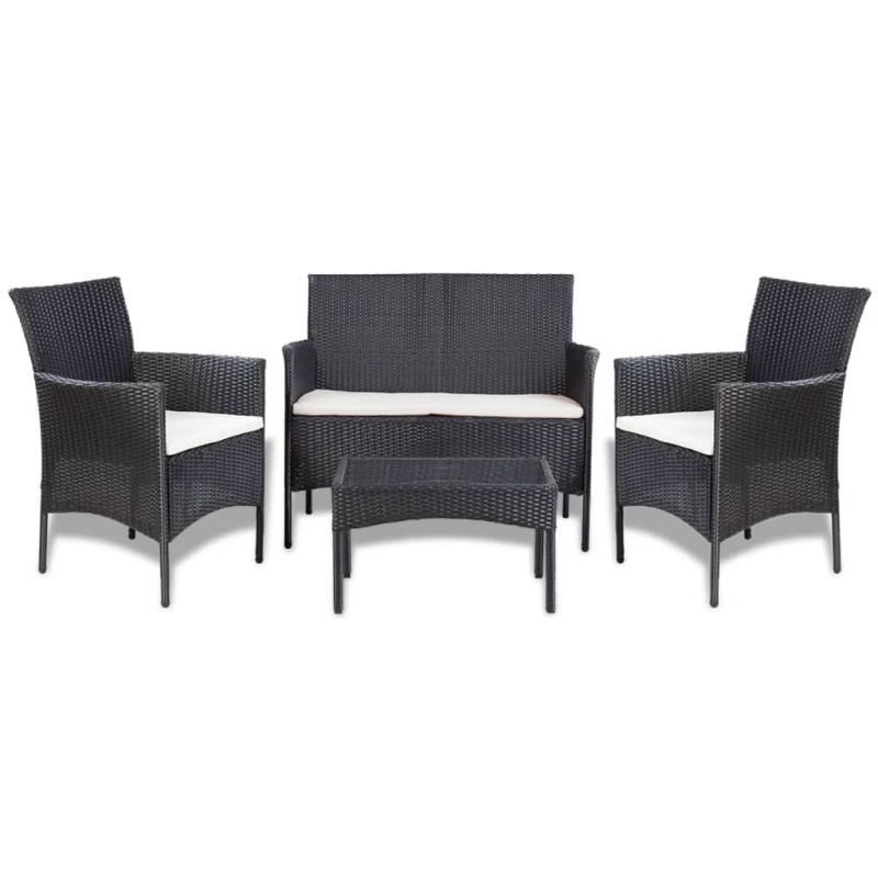 4 pcs conjunto lounge de jardim c/ almofadões vime PE preto-Conjuntos de jardim-Home Retail