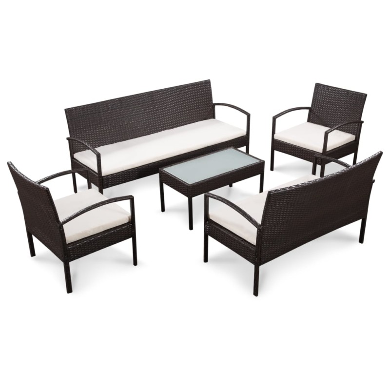 5 pcs conjunto lounge jardim c/ almofadões vime PE castanho-Conjuntos de jardim-Home Retail