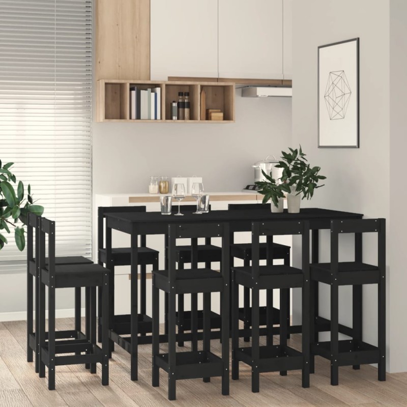 9 pcs conjunto de bar pinho maciço preto-Conjuntos de móveis para cozinha e sala de jantar-Home Retail