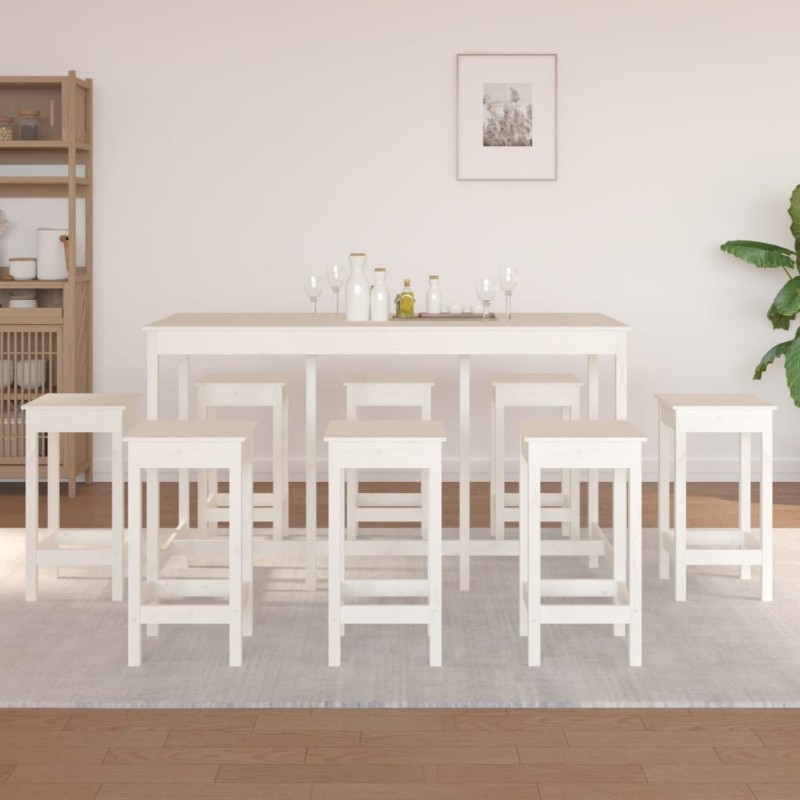 9 pcs conjunto de bar pinho maciço branco-Conjuntos de móveis para cozinha e sala de jantar-Home Retail