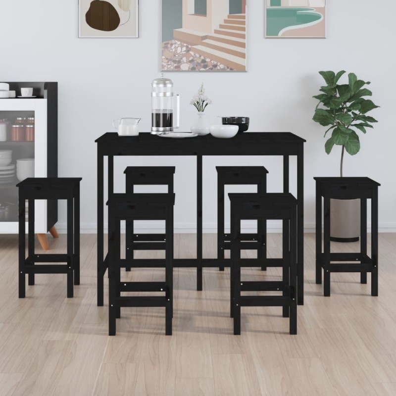 7 pcs conjunto de bar pinho maciço preto-Conjuntos de móveis para cozinha e sala de jantar-Home Retail