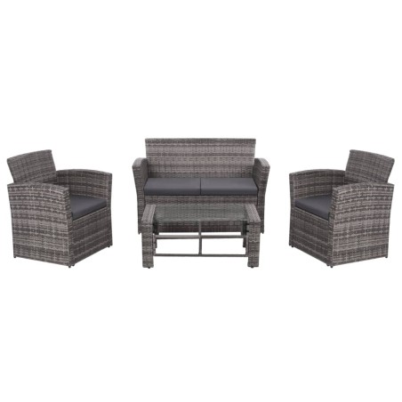 4 pcs conjunto lounge de jardim c/ almofadões vime PE cinzento