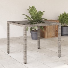 Mesa de jardim com tampo de vidro 90x90x75 cm vime PE cinzento