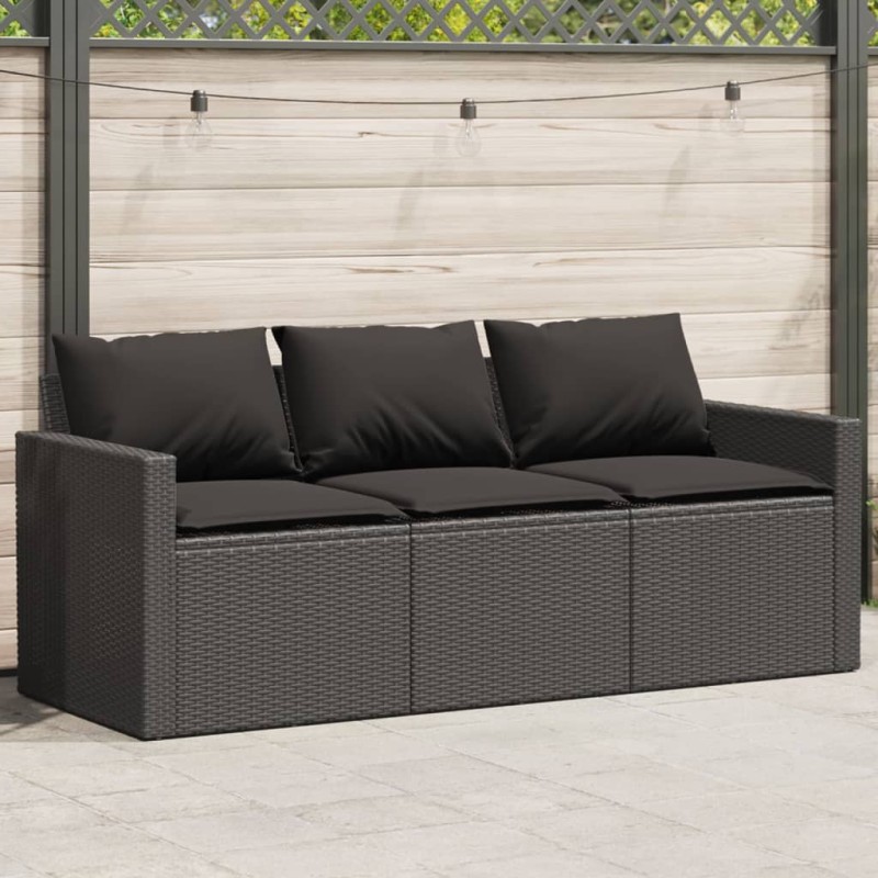 Sofá de jardim 3 lugares com almofadões vime PE preto-Sofás para exterior-Home Retail