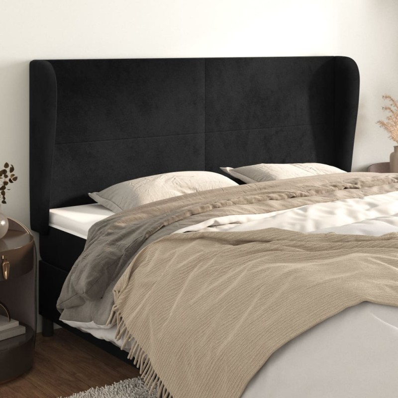 Cabeceira de cama c/ abas veludo 203x23x118/128 cm preto-Cabeceiras e estribos de camas-Home Retail