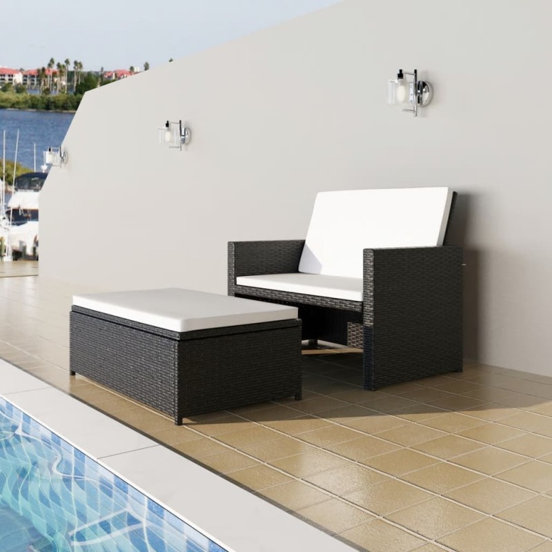 2 pcs conjunto lounge de jardim c/ almofadões vime PE preto-Sofás para exterior-Home Retail