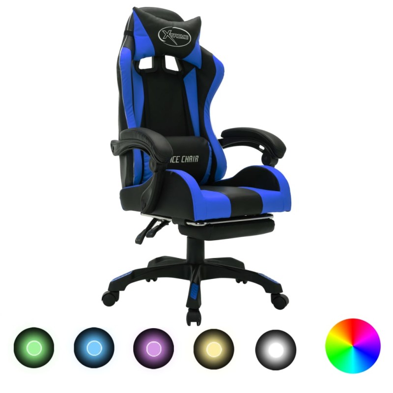 Cadeira estilo corrida c/ luzes LED RGB couro artif. azul/preto-Cadeiras de escritório-Home Retail