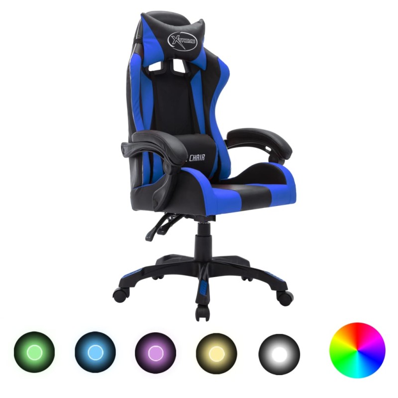 Cadeira estilo corrida c/ luzes LED RGB couro artif. azul/preto-Cadeiras de escritório-Home Retail