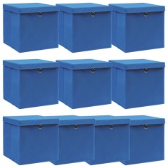 Caixas de arrumação com tampas 10 pcs 32x32x32 cm tecido azul