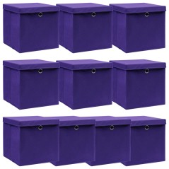 Caixas de arrumação com tampas 10 pcs 32x32x32 cm tecido roxo