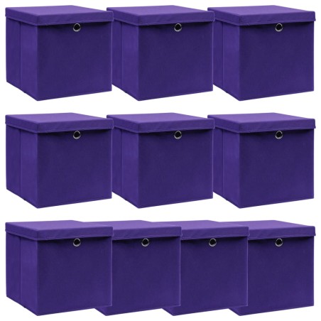 Caixas de arrumação com tampas 10 pcs 32x32x32 cm tecido roxo