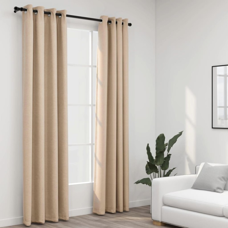 Cortinas opacas aspeto linho c/ ilhós 2 pcs 140x245 cm bege-Persianas e cortinas-Home Retail