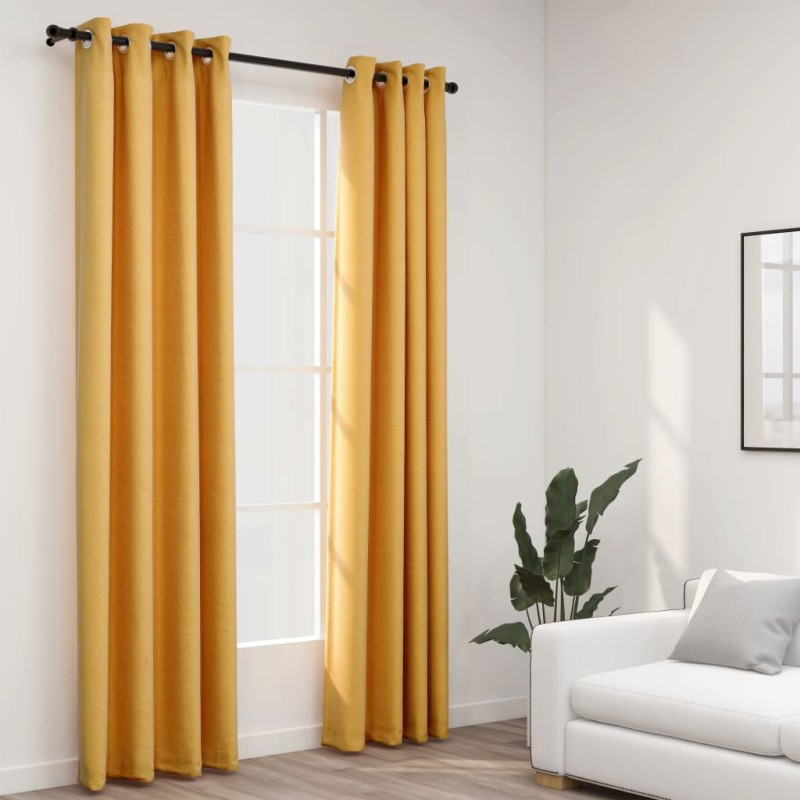 Cortinas opacas aspeto linho c/ ilhós 2 pcs 140x245 cm amarelo-Persianas e cortinas-Home Retail