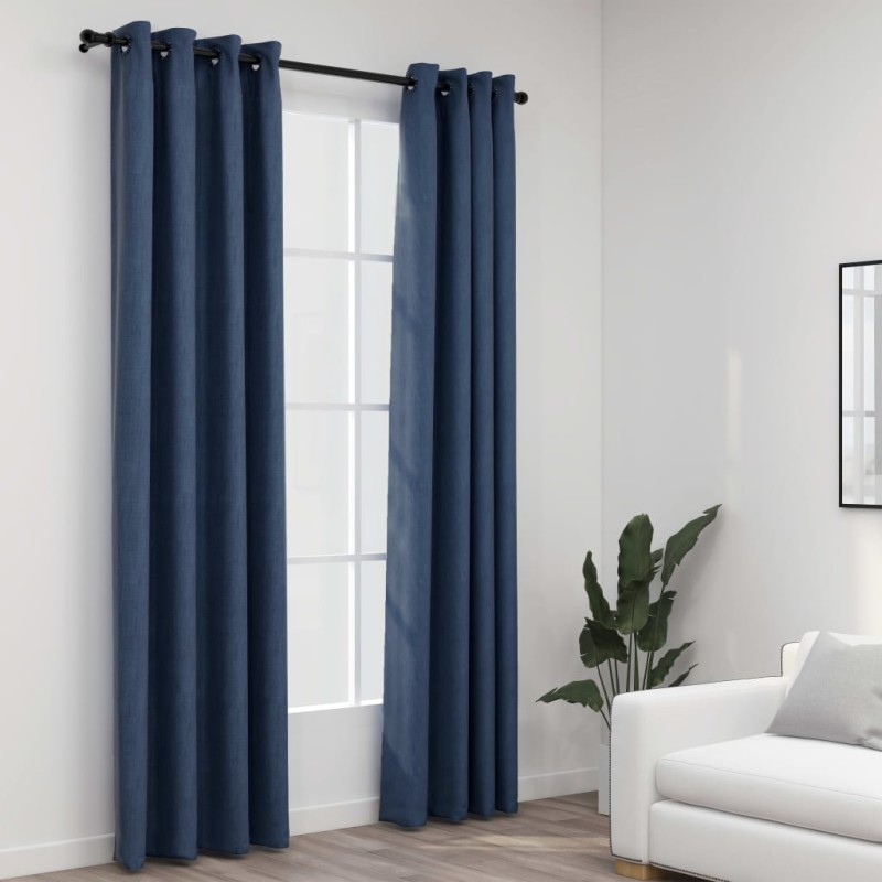 Cortinas opacas aspeto linho c/ ilhós 2 pcs 140x225 cm azul-Persianas e cortinas-Home Retail